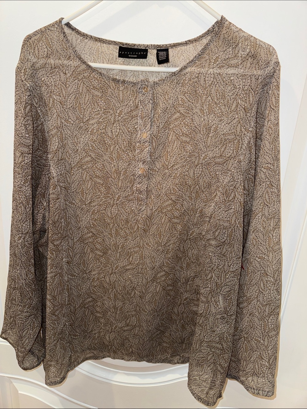 Apostrophe Woman Plus Size 20W Sheer Boho Blouse Brown Long Sleeve Peasant Top